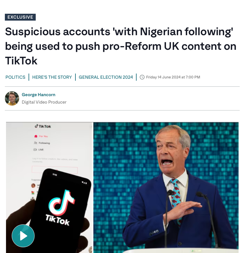 Suspicious TikTok accounts pushing pro Reform UK content